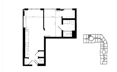 Floor plan for 1 bed, 1 bath, 845 sqft
